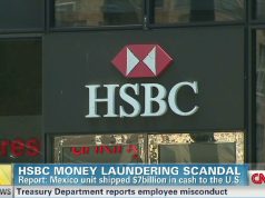 HSBC Faces Argentine Money-Laundering Charges 13 Years On HSBC branch facade in Buenos Aires with police tape and document folders symbolizing ongoing 2013 money-laundering case